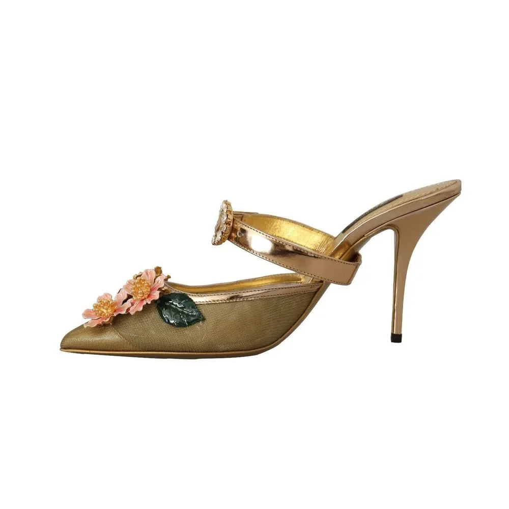 Dolce & Gabbana Gold Crystal Floral Decor Heels Sandals Shoes - Picture 4 of 7